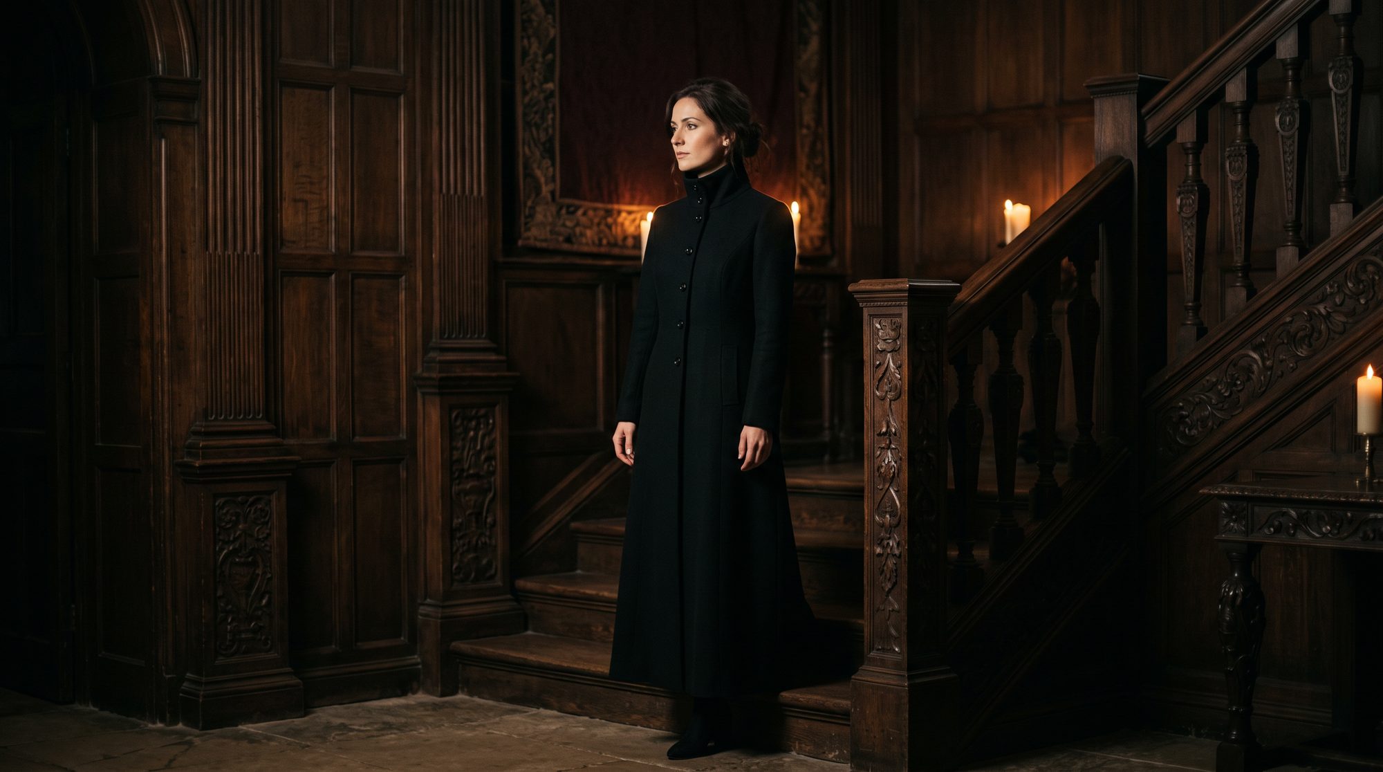 A woman in a long tailored black coat on a carved oak staircase
